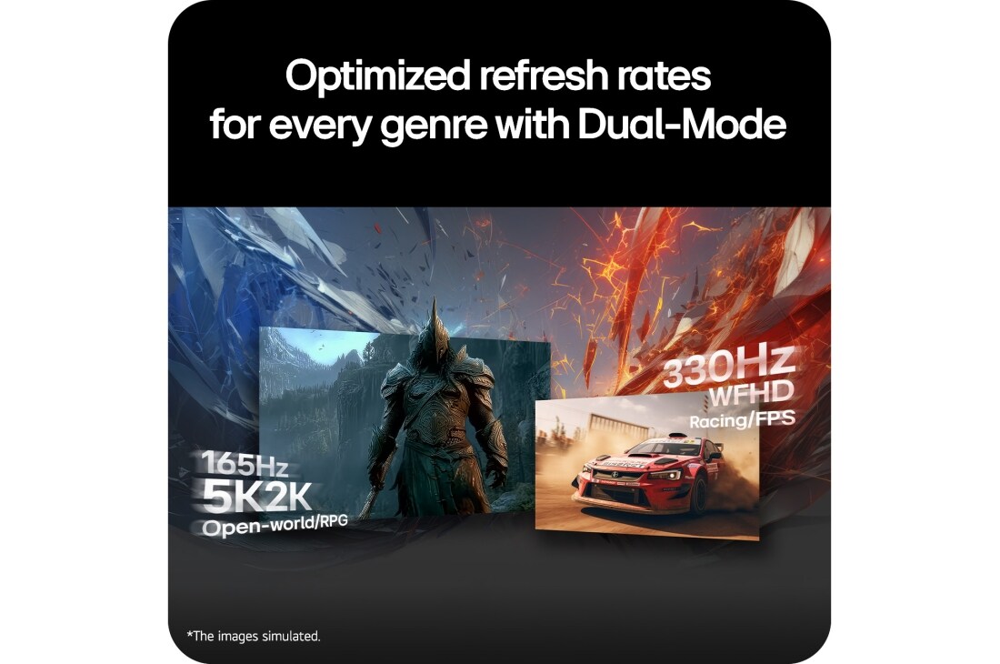LG UltraGear evo GX9 de 39 inchi, primul monitor pentru gaming OLED de 39'' 5K2K din lume, Monitorul pentru gaming OLED curbat LG UltraGear 39GX950B subliniind ratele de reîmprospătare Dual-Mode, afișând 165Hz la 5K2K pentru jocuri RPG captivante și 330Hz la WFHD pentru jocuri FPS și de cur, 39GX950B-B, thumbnail 13