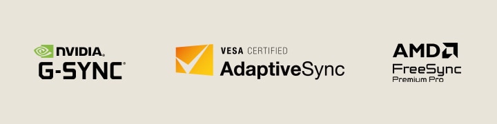 Logo-urile NVIDIA G-SYNC, VESA AdaptiveSync și AMD FreeSync Premium Pro.