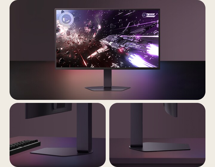 Monitorul pentru gaming LG UltraGear 27GX790B afișat pe un birou, prezentând o scenă de luptă spațială cu o navă spațială activând propulsoarele. În dreapta, două cadre de prim-plan evidențiază designul subțire al suportului și detaliile bazei monitorului, subliniind amprenta sa minimă și profilul elegant