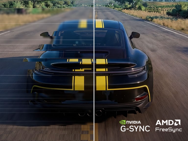 Scenă de curse afișată pe monitorul UltraGear™ 24g411b comparând modurile Dezactivat și Activat, ilustrând o mișcare mai fluidă și o rupere redusă cu suport pentru NVIDIA G-SYNC și AMD FreeSync.