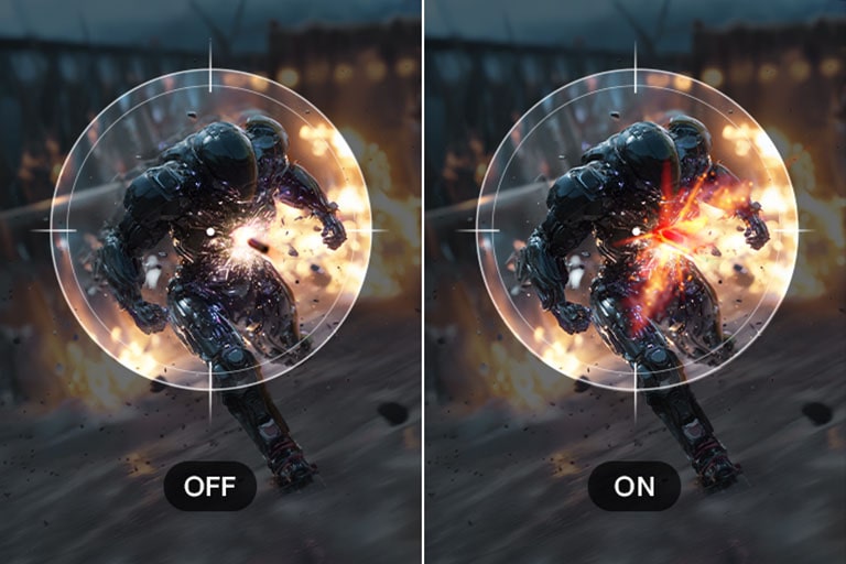 Comparație a gameplay-ului cu Dynamic Action Sync dezactivat și activat, evidențiind întârzierea redusă pe monitorul UltraGear™ 24g411b.