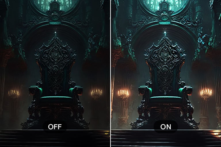 Comparație a gameplay-ului cu Black Stabilizer dezactivat și activat, arătând vizibilitatea îmbunătățită în scenele întunecate pe monitorul UltraGear™ 24g411b.