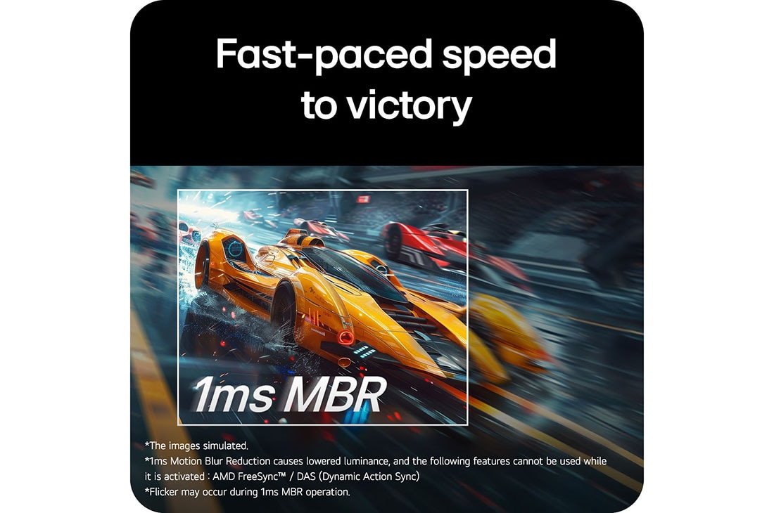 LG Monitor de gaming LG UltraGear™ G4 de 24”, IPS Full HD, 144 Hz, Pe ecran este prezentată o mașină de curse galbenă care accelerează, având menționat „1ms MBR” în mod proeminent. , 24G411B-B, thumbnail 8