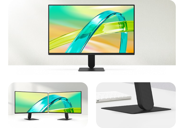 Monitor LG FHD cu afișaj cu 3 laturi fără margini și bază de suport subțire, prezentat din față și în configurație cu două monitoare pentru un spațiu de lucru minimalist curat.