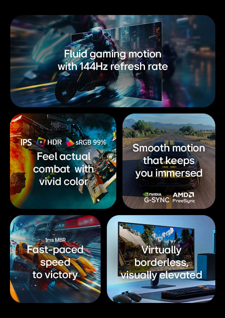 Această imagine prezintă caracteristicile cheie ale unui monitor de gaming LG, inclusiv o rată de reîmprospătare de 144Hz pentru o mișcare fluidă, ecran IPS cu HDR și culori sRGB 99% pentru imagini vii, gameplay fluid cu suport NVIDIA G-SYNC și AMD FreeSync, timp de răspuns de 1ms MBR pentru jocuri cu ritm rapid și un design practic fără margini pentru o configurație captivantă.