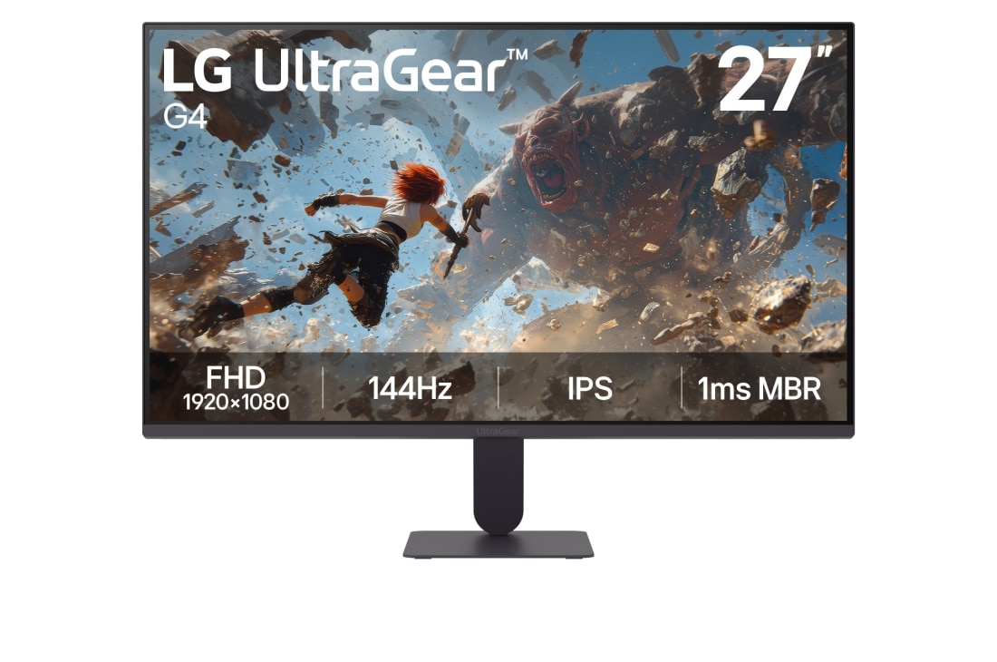 LG Monitor de gaming LG UltraGear™ G4 de 27”, Full HD IPS, 144 Hz, Această imagine arată vederea frontală a monitorului pentru gaming LG UltraGear G4 de 27 inchi, cu ecran IPS și rezoluție FHD (1920×1080), o rată de reîmprospătare de 144Hz și 1ms MBR, punând accent p, 27G411B-B, thumbnail 2