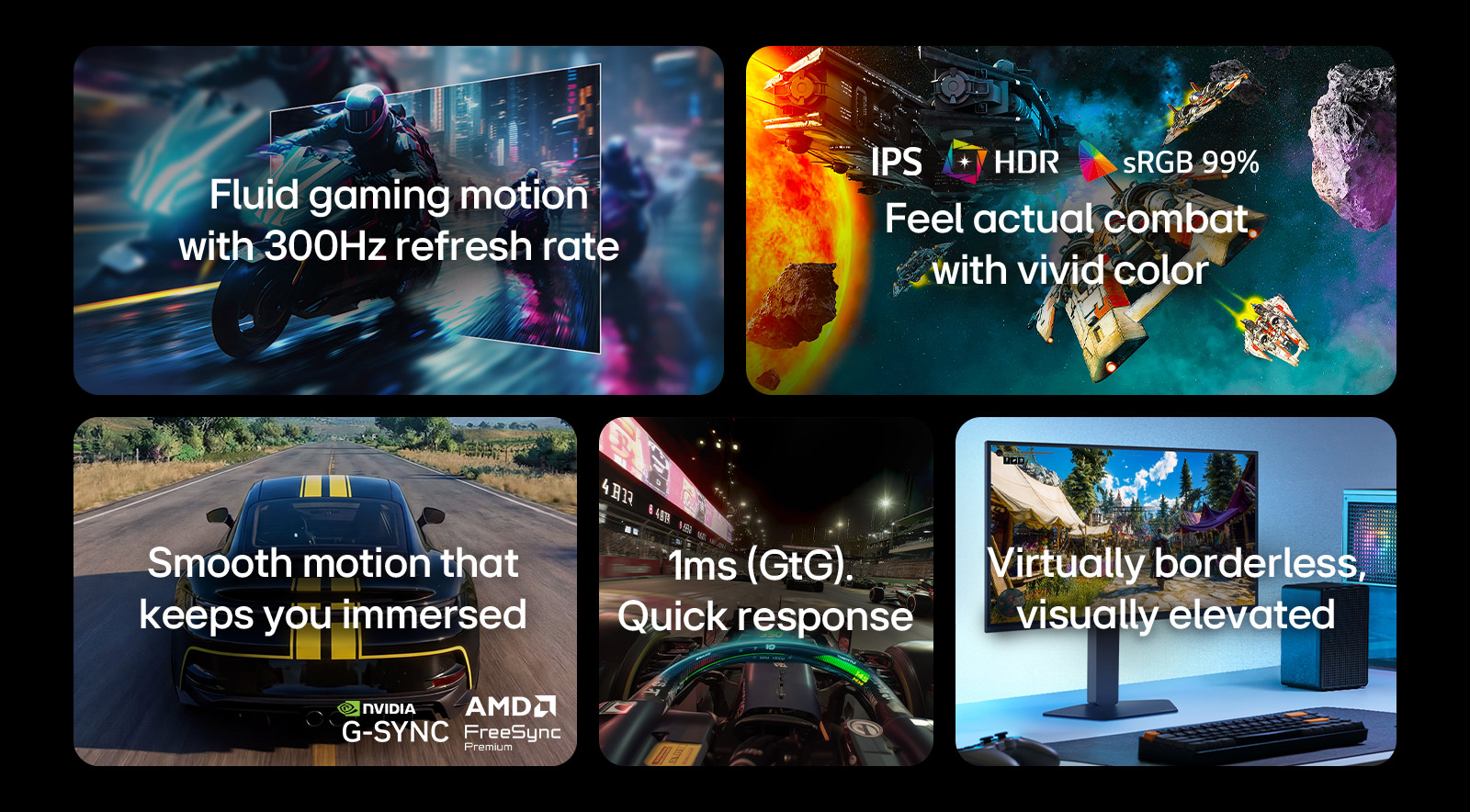 Această imagine prezintă caracteristicile cheie ale unui monitor de gaming LG, inclusiv o rată de reîmprospătare de 300Hz pentru o mișcare fluidă, ecran IPS cu HDR și culori sRGB 99% pentru imagini vii, gameplay fluid cu suport NVIDIA G-SYNC și AMD FreeSync Premium, timp de răspuns de 1ms (GtG) pentru jocuri cu ritm rapid și un design fără margini pentru o configurație captivantă.