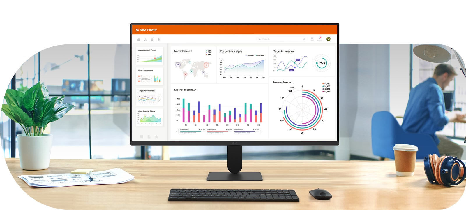 Monitor LG FHD pe un birou afișând un tablou de bord de afaceri cu diagrame și analize, ilustrând productivitatea și utilizarea zilnică la birou.