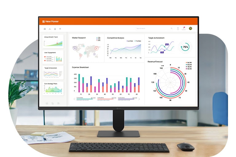 Monitor LG FHD pe un birou afișând un tablou de bord de afaceri cu diagrame și analize, ilustrând productivitatea și utilizarea zilnică la birou.