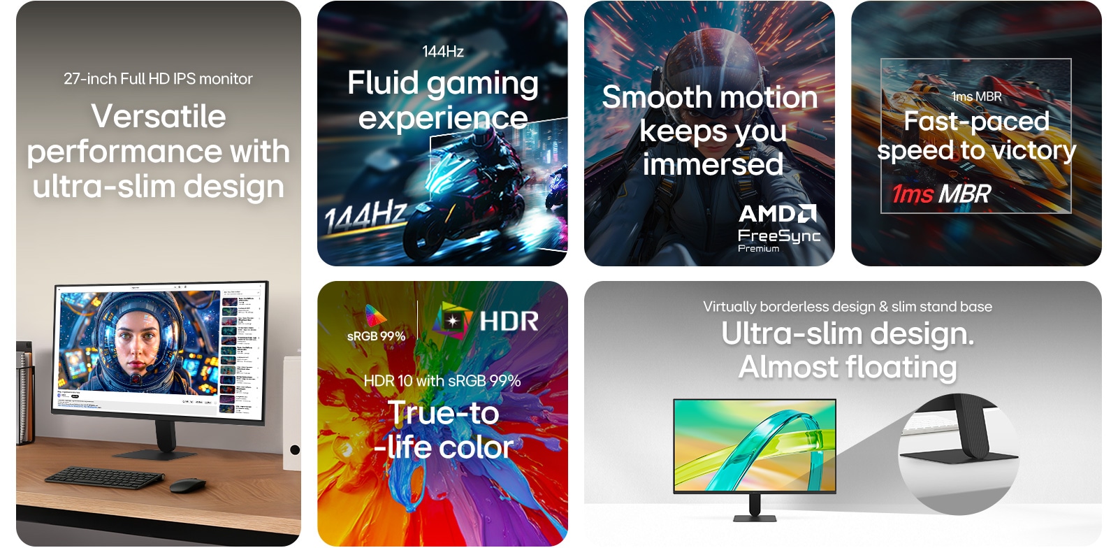 Prezentare generală a caracteristicilor monitorului LG FHD, arătând un afișaj IPS de 27 inchi, rată de reîmprospătare de 144Hz, 1ms MBR, suport AMD FreeSync Premium, HDR10 cu acuratețe a culorilor sRGB 99%, și un design ultrasubțire fără margini, cu o bază de suport subțire pentru jocuri fluide și utilizare zilnică.