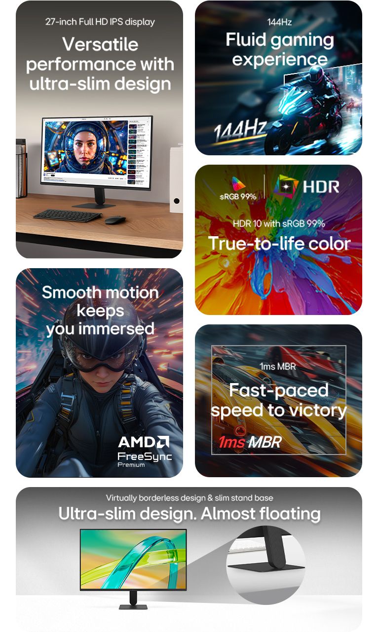 Prezentare generală a caracteristicilor monitorului LG FHD, arătând un afișaj IPS de 27 inchi, rată de reîmprospătare de 144Hz, 1ms MBR, suport AMD FreeSync Premium, HDR10 cu acuratețe a culorilor sRGB 99%, și un design ultrasubțire fără margini, cu o bază de suport subțire pentru jocuri fluide și utilizare zilnică.