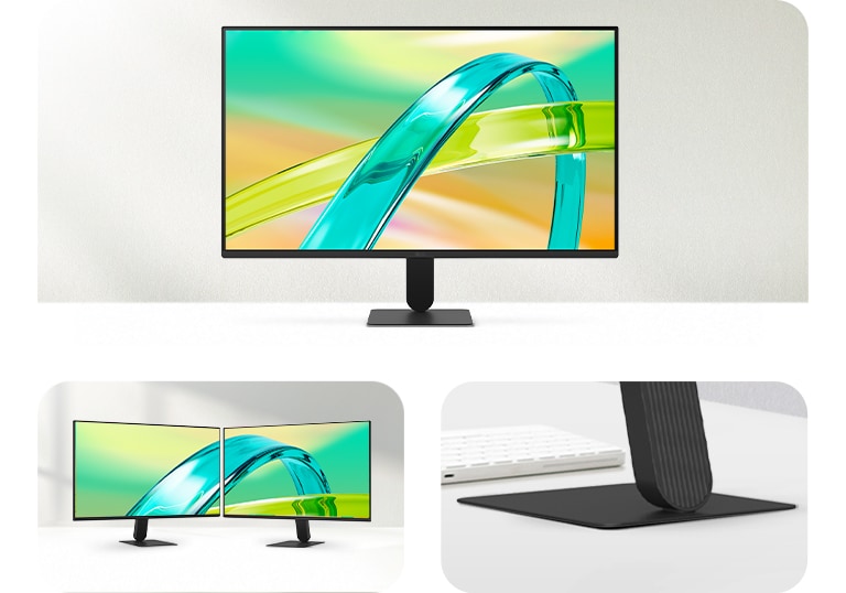 Monitor LG FHD cu afișaj cu 3 laturi fără margini și bază de suport subțire, prezentat din față și în configurație cu două monitoare pentru un spațiu de lucru minimalist curat.