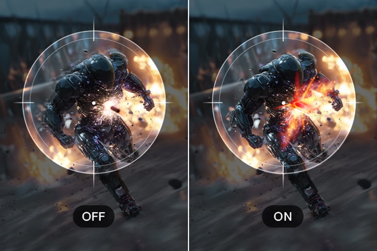 Comparație a experienței de joc cu Dynamic Action Sync dezactivat și activat, evidențiind întârzierea redusă pe monitorul UltraWide.