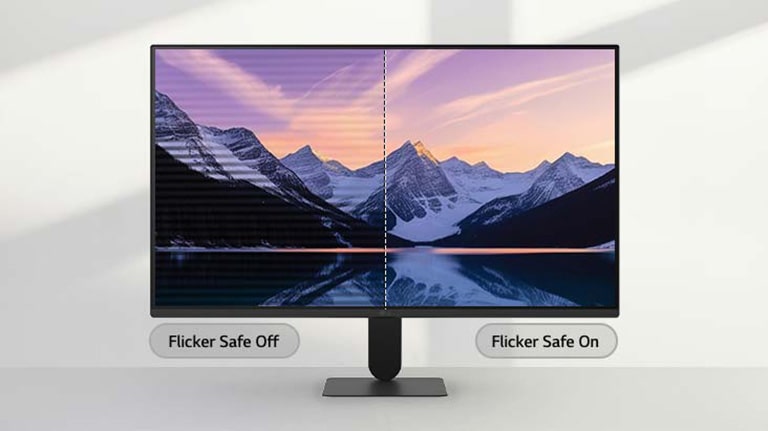 Monitorul LG afișează o comparație pe ecran împărțit a unui peisaj montan, cu partea stângă care prezintă efectul de flicker al ecranului și partea dreaptă care prezintă o imagine clară, fără efect de flicker
