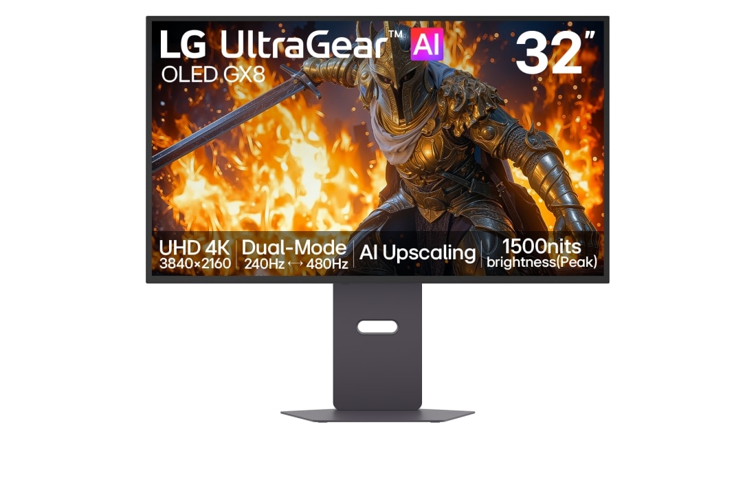 LG Monitor de gaming OLED UltraGear evo GX8 de 32”, primul monitor de gaming OLED 4K de 32” din lume cu upscaling AI, Vedere frontală a monitorului pentru gaming UltraGear evo GX8 de 32 inchi, primul din lume cu AI Upscaling OLED 4K de 32" (32GX870B), afișând imagini din joc., 32GX870B-B, thumbnail 2