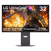 LG Monitor de gaming OLED UltraGear evo GX8 de 32”, primul monitor de gaming OLED 4K de 32” din lume cu upscaling AI, Vedere frontală a monitorului pentru gaming UltraGear evo GX8 de 32 inchi, primul din lume cu AI Upscaling OLED 4K de 32" (32GX870B), afișând imagini din joc., 32GX870B-B, thumbnail 2