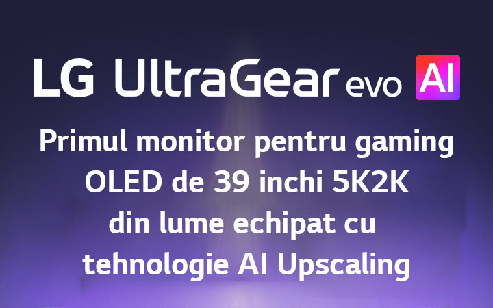 Logoul UltraGear™ evo AI într-o cameră futuristă, iluminată cu neon.