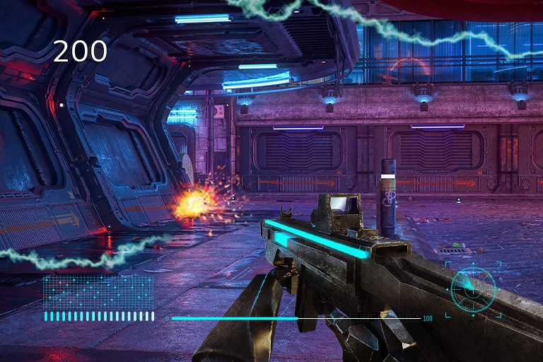 Scenă de joc first-person shooter afișată pe un monitor pentru gaming, prezentând un FPS Counter pe ecran care afișează informații în timp real despre rata de cadre.