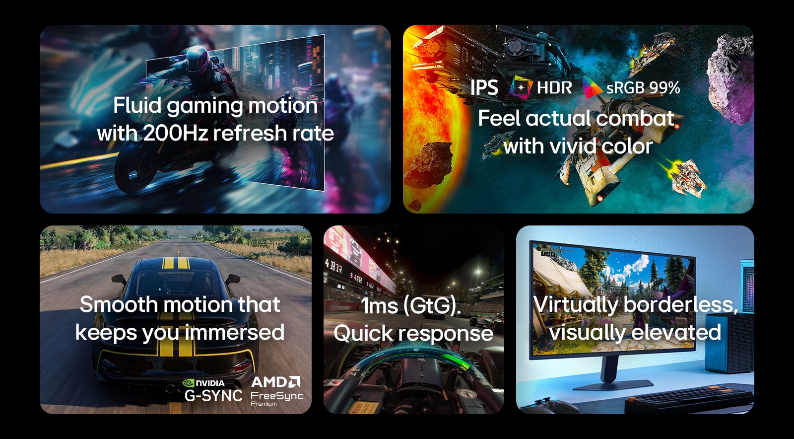 Această imagine prezintă caracteristicile cheie ale unui monitor de gaming LG, inclusiv o rată de reîmprospătare de 200Hz pentru o mișcare fluidă, ecran IPS cu HDR și culori sRGB 99% pentru imagini vii, gameplay fluid cu suport NVIDIA G-SYNC și AMD FreeSync Premium, timp de răspuns de 1ms (GtG) pentru jocuri cu ritm rapid și un design practic fără margini pentru o configurație captivantă.