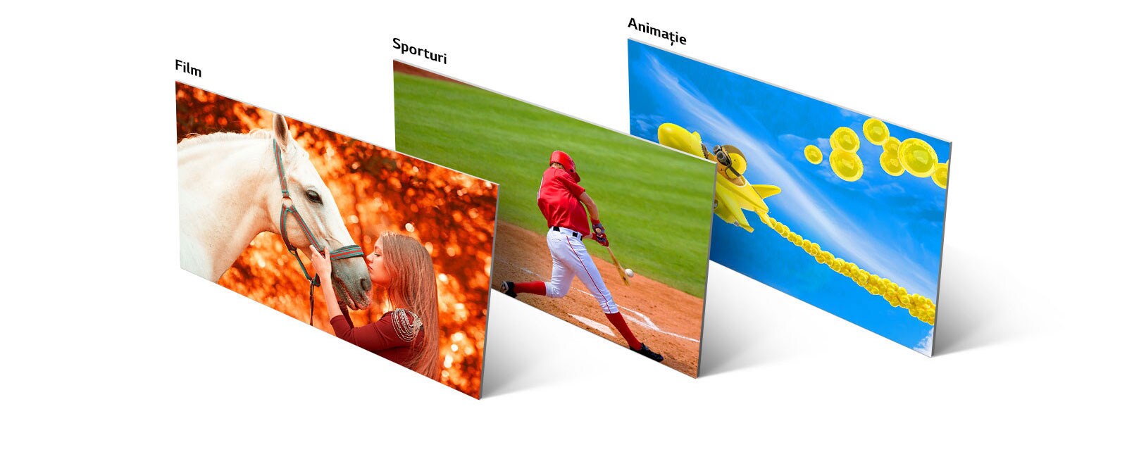 Trei imagini, una care arată o fată sărutând un cal, a doua un jucător de baseball lovind o minge, iar a treia un avion animat care zboară pe cer.