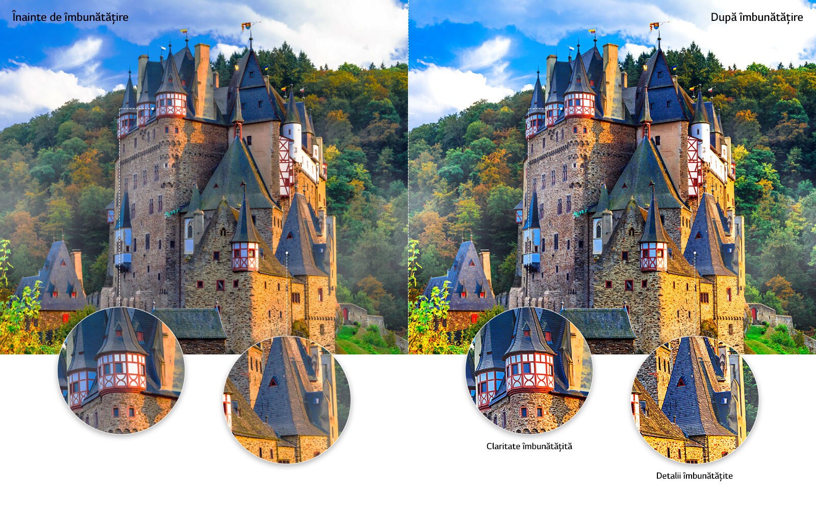 Compararea calității imaginii unui castel istoric în mijlocul unei păduri cu imaginea de prim-plan a unuia dintre acoperișuri cu claritate sporită și detaliu după amplificare.