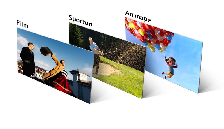 O scenă de film, joc de golf și animație este aliniată vertical și oblic.