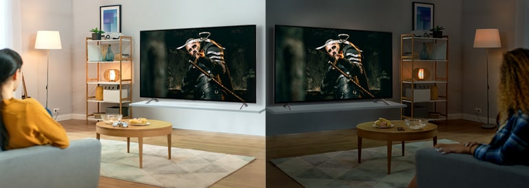 Două femei care privesc aceeași scenă la TV în sufragerii paralele și în condiții de luminozitate diferite.