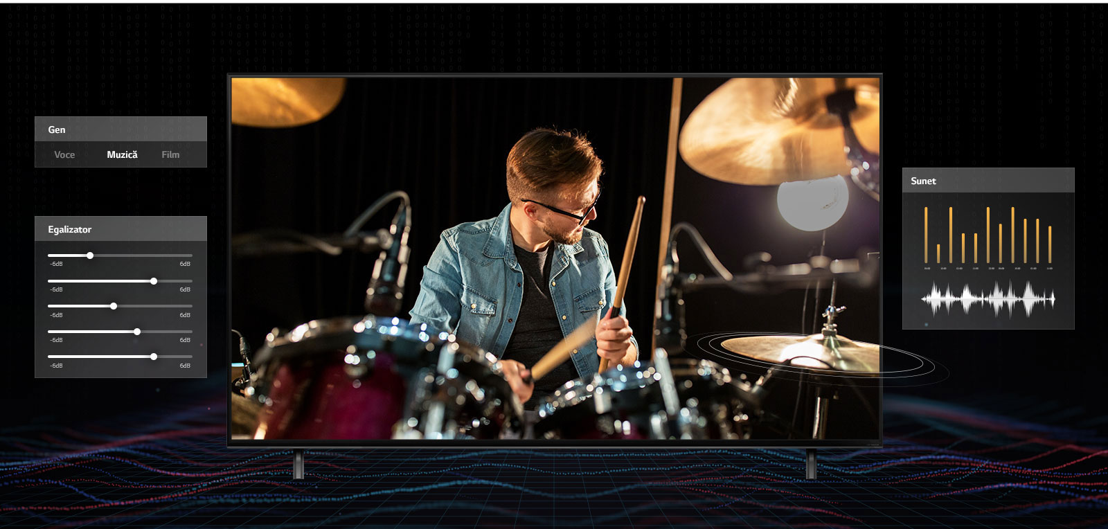  Un domn cu ochelari care cântă la tobe, cu imagini grafice muzicale pe ambele părți.