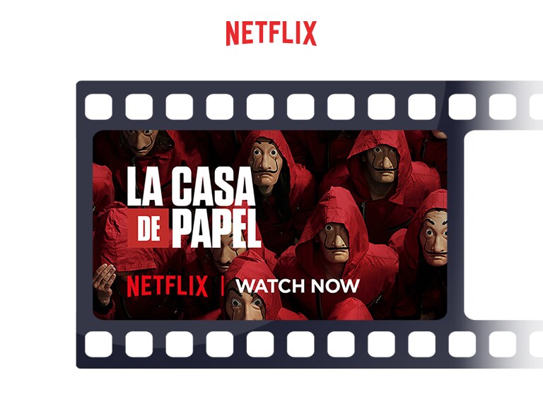 Sigla Netflix este afișată orizontal. Sub siglă este afișat, pe orizontală, un poster cu La Casa de Papel de pe Netflix.
