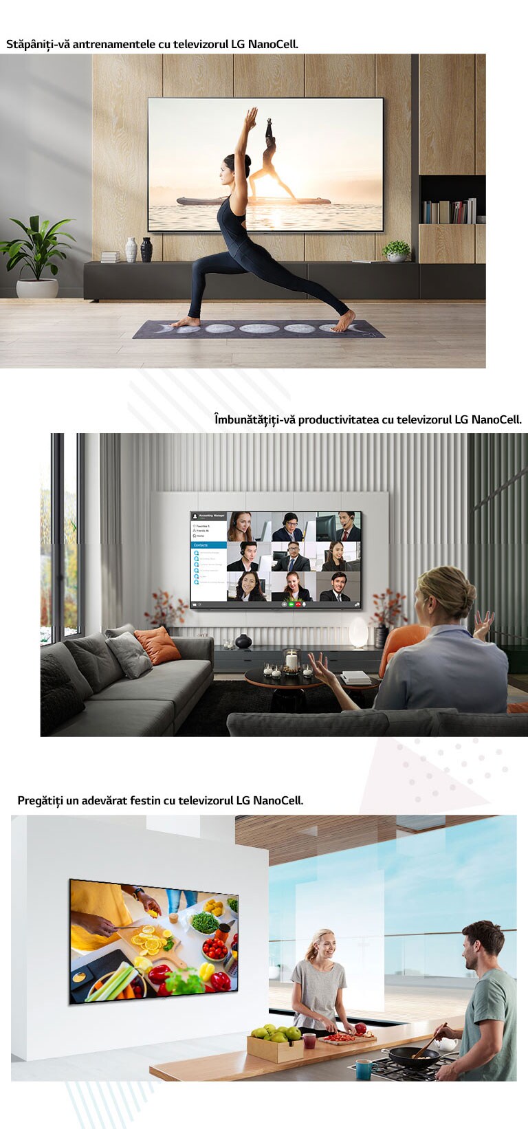 Femeie care face yoga în mijlocul unei camere în fața unui televizor mare montat pe perete. Vedere din spate a unei femei care participă la o întâlnire video cu participanții, prezentată pe televizorul cu ecran plat montat pe perete. Un bărbat și o femeie gătind împreună în fața unui televizor mare montat pe perete.