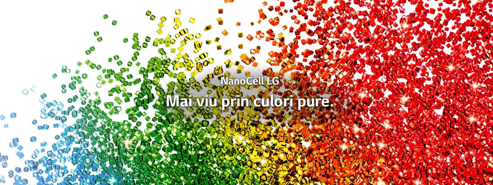 Un ecran plin de particule de culori vibrante stropite pe un fundal alb.