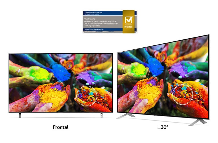 Două televizoare LG NanoCell, unul lângă altul, arată o imagine a mâinilor care țin particule colorante multicolore, văzute din față și dintr-un unghi de vizualizare. Imaginea rămâne în permaneță vie și precisă din ambele unghiuri.