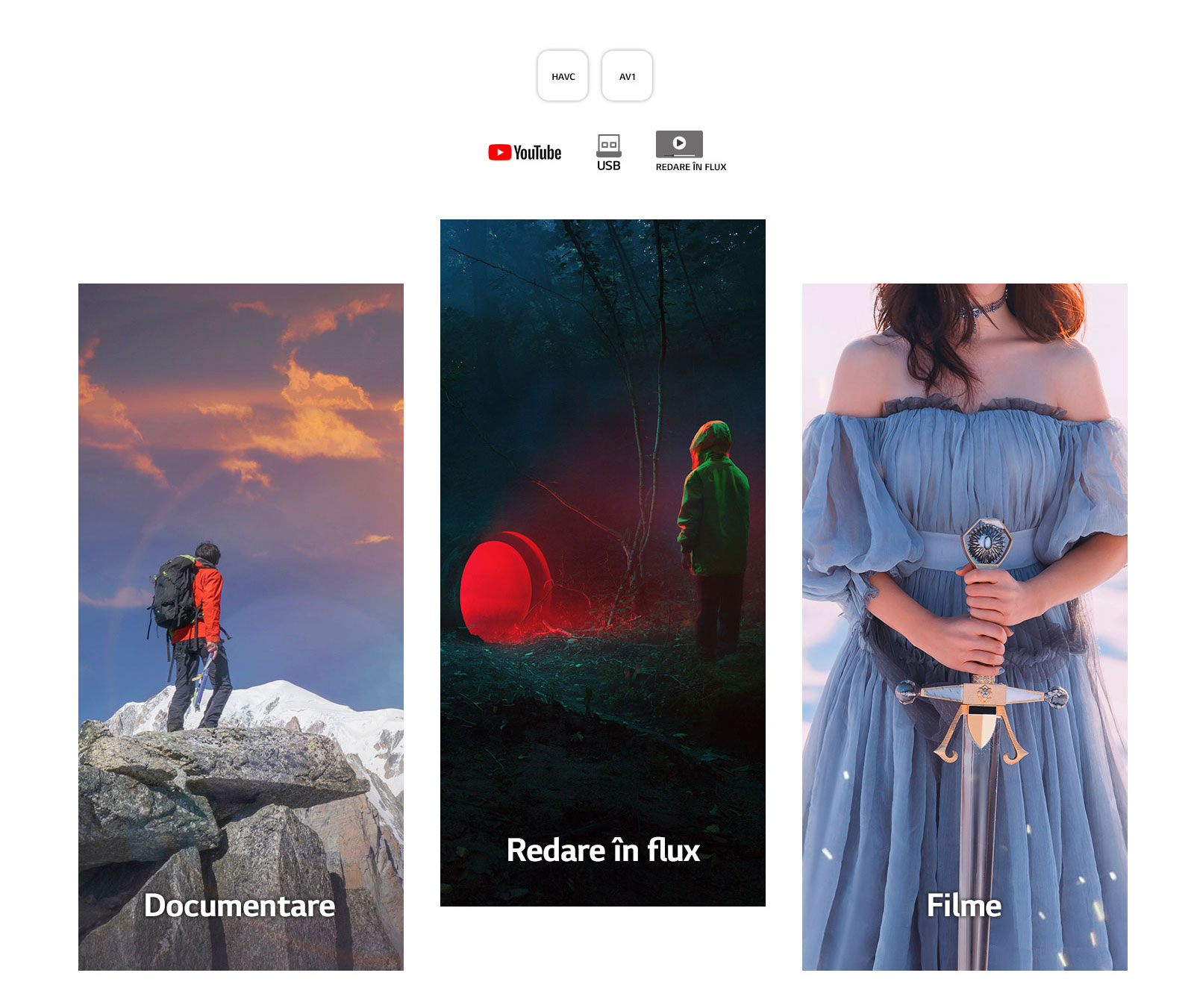 De la stânga la dreapta, imaginea unui bărbat în echipament de drumeție aflat pe un munte stâncos; o scenă întunecată a unui băiat stând în fața unui tunel din care se vede o lumină roșie; și o femeie în rochie albastră ținând o sabie pe un fundal alb.