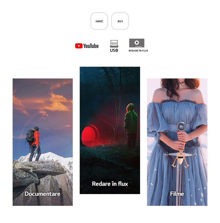 De la stânga la dreapta, imaginea unui bărbat în echipament de drumeție aflat pe un munte stâncos; o scenă întunecată a unui băiat stând în fața unui tunel din care se vede o lumină roșie; și o femeie în rochie albastră ținând o sabie pe un fundal alb.