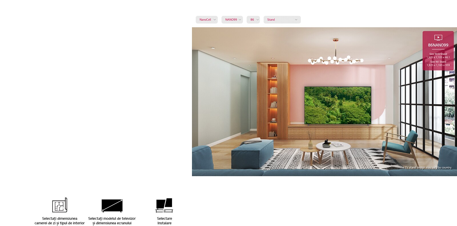 Un televizor cu ecran plat mare, montat pe un perete roz, înconjurat de mobilier natural. Ecranul prezintă o pădure luxuriantă.