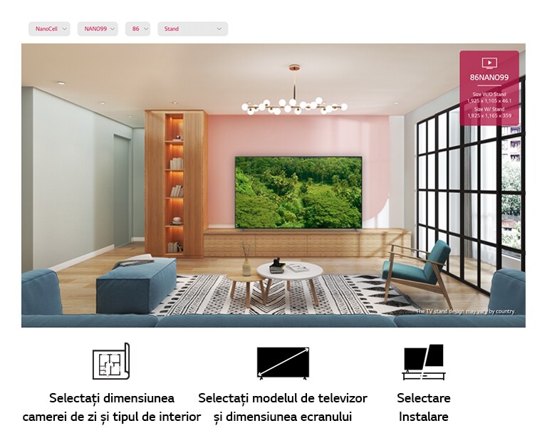 Un televizor cu ecran plat mare, montat pe un perete roz, înconjurat de mobilier natural. Ecranul prezintă o pădure luxuriantă.