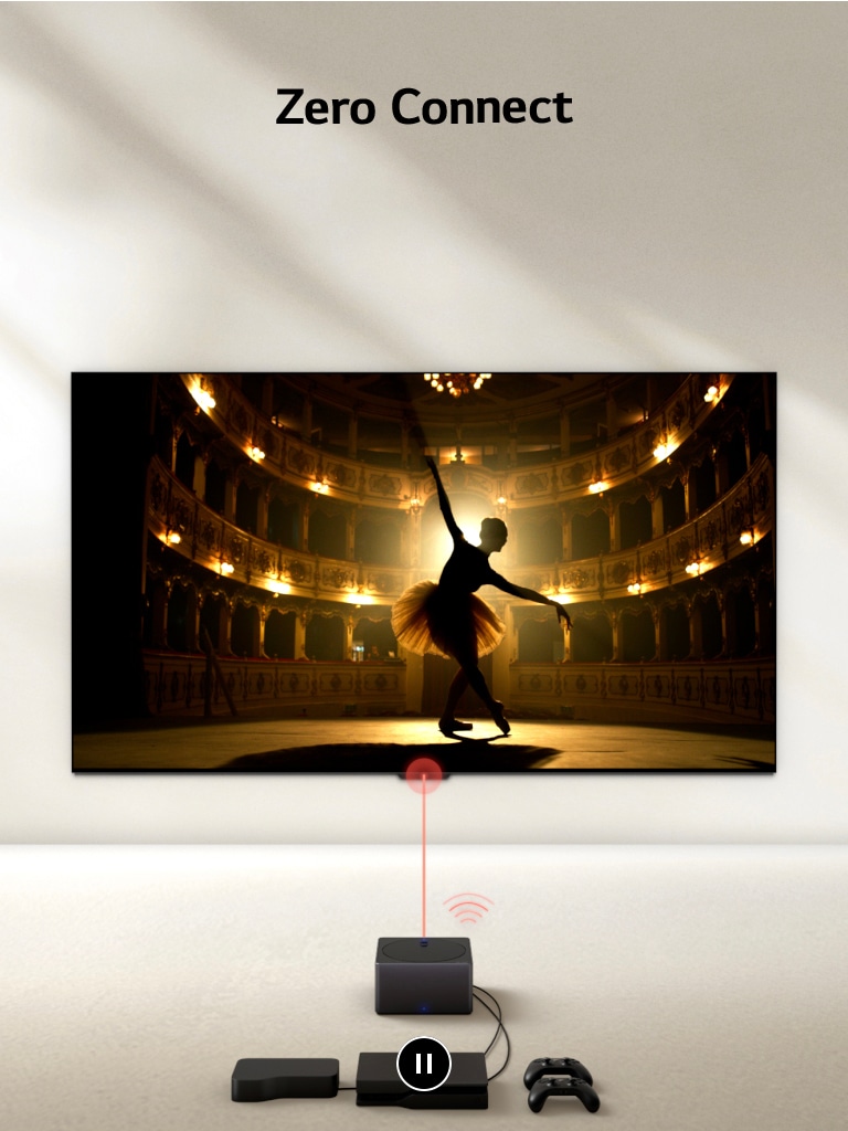 LG OLED evo M4 este prezentat dintr-un unghi înalt, cu multiple console și dispozitive conectate la televizor prin fire care par dezordonate, înainte de a se estompa. Zero Connect Box apare încet cu dispozitive și console organizate în mod ordonat în spatele său, un semnal Wi-Fi roșu apare și un fascicul roșu se îndreaptă spre televizor, în timp ce perspectiva coboară pentru a oferi o vedere completă asupra televizorului.