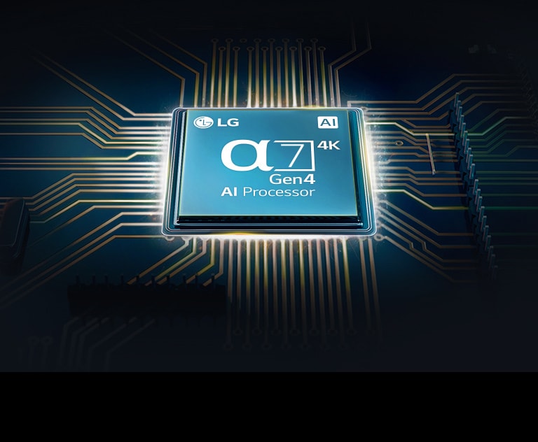 O imagine a procesorului Alpha 7 care se află în centrul unui circuit electric.