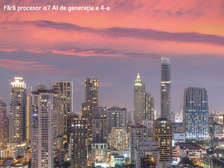 O imagine a orizontului unui oraș la apus. La derulare, imaginea afișează modificările cu și fără procesorul Alpha 7.