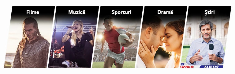 Cinci imagini, de la stânga la dreapta, cu un bărbat în armură din zale, o femeie care cântă la microfon, un jucător de rugby, un cuplu cu capetele alăturate și un bărbat care transmite știri.