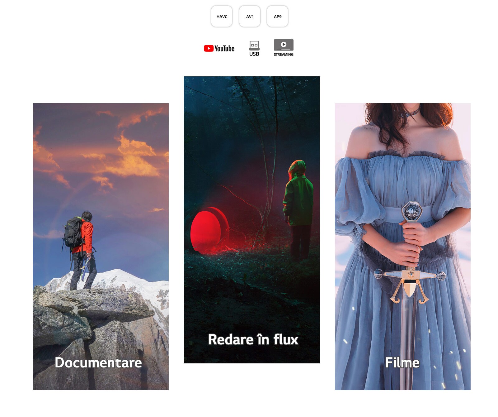 O secvență lungă, pe vertical, de imagini care arată un bărbat pe vârful muntelui, servicii de redare în flux care arată un copil ce privește lumina roșie circulară în pădure și filme cu o femeie care ține în mână o sabie.