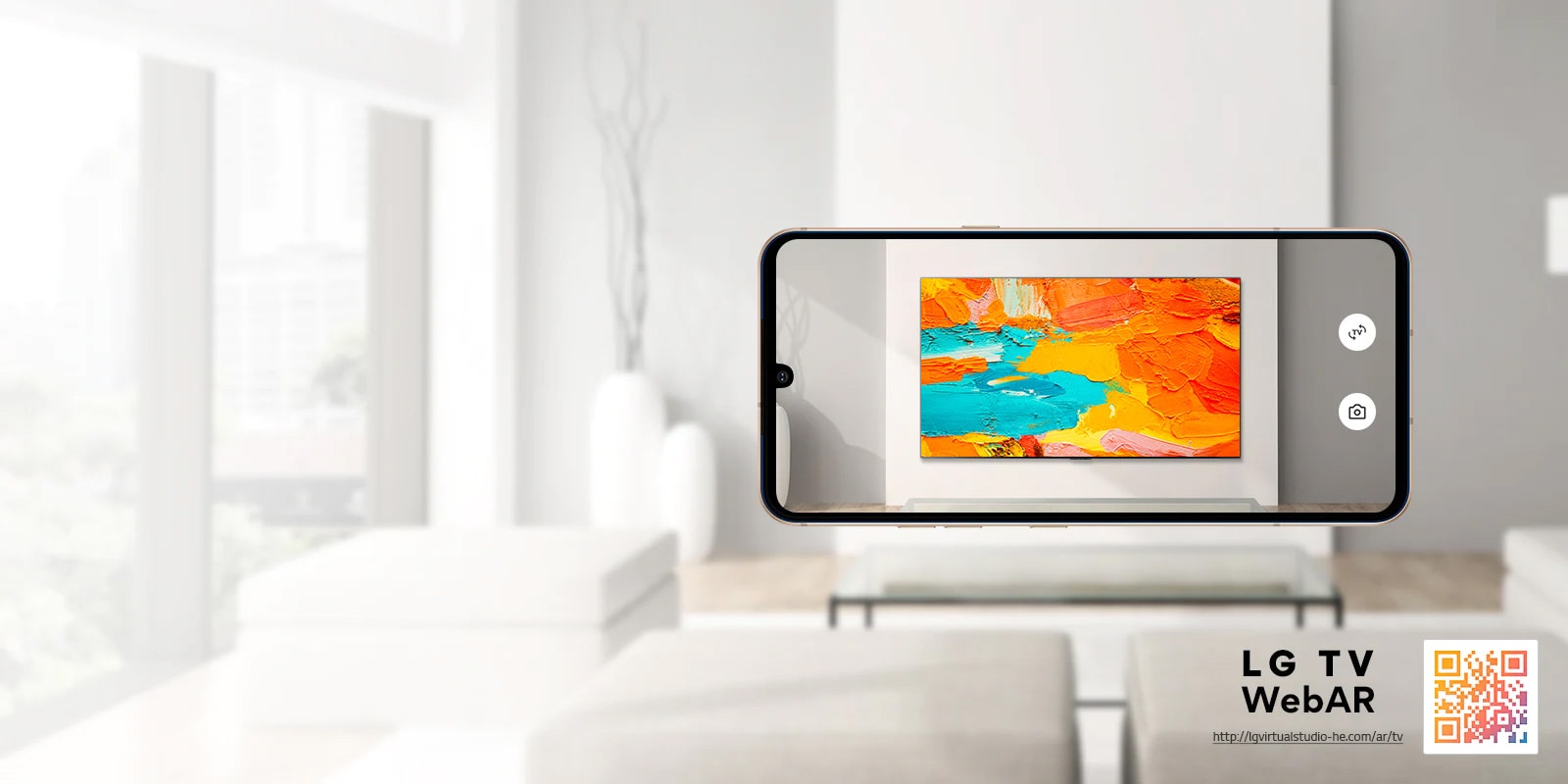 Aceasta este o imagine de simulare WebAR a televizorului LG OLED. Imaginile telefonului mobil suprapuse pe un spațiu minimalist. Există un cod QR în dreapta jos.