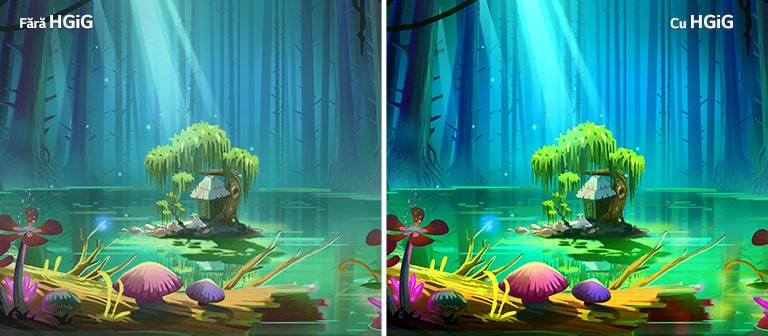 O imaginea animată, cu o căsuță și un copac pe o bucățică de pământ, aflată în mijlocul unui iaz înconjurat de copaci desfrunziți înalți, cu textul „Cu HGIG” în partea din dreapta sus, oferă o calitate a imaginii mai bună și mai strălucitoare în comparație cu imaginea fără HGiG.