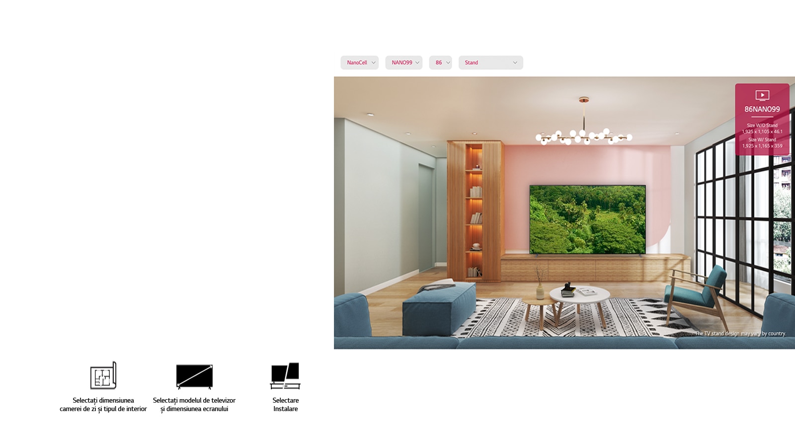 Un televizor cu ecran plat mare, montat pe un perete roz, înconjurat de mobilier natural. Ecranul prezintă o pădure luxuriantă.