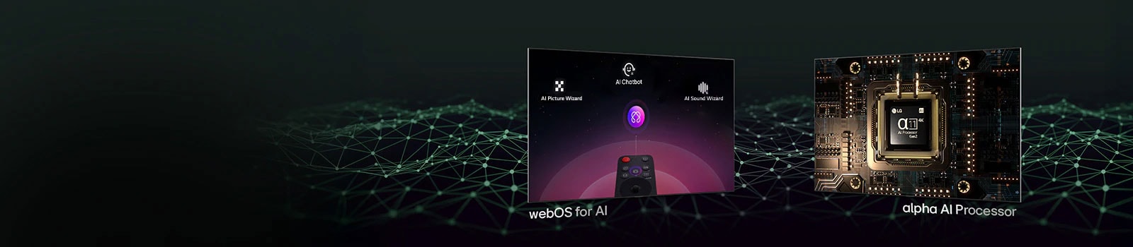 Două ecrane diferite arată caracteristici diferite. Un ecran arată LG AI Magic Remote cu text dedesubt care transmite „webOS pentru AI”. Un alt ecran arată procesorul alpha 11 AI Gen2 aprins, cu text dedesubt care transmite „procesor alpha AI”.