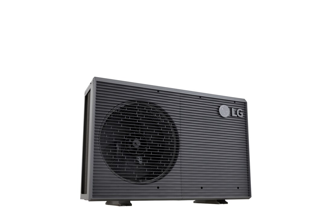 LG Pompa de căldură R32 monobloc S II, monofazată (1Ø), 5 kW, Pompe de căldură aer-apă LG, HM051MRS UA40, vizualizare din stânga-jos a unei unități exterioare negre, cu o grilă ondulată gri., HM051MRS UA40, thumbnail 5