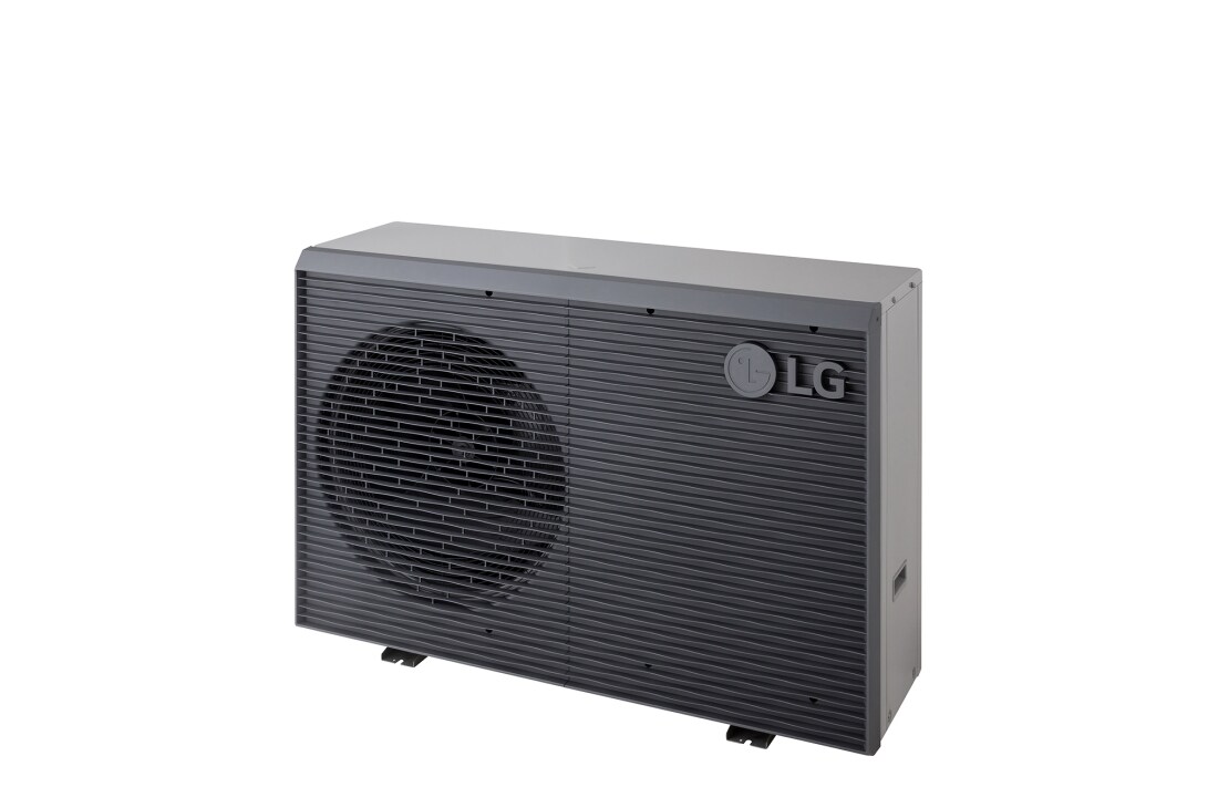 LG Pompa de căldură R32 monobloc S II, monofazată (1Ø), 5 kW, Pompe de căldură aer-apă LG, HM051MRS UA40, vizualizare din dreapta-sus a unei unități exterioare negre, cu o grilă ondulată gri., HM051MRS UA40, thumbnail 11