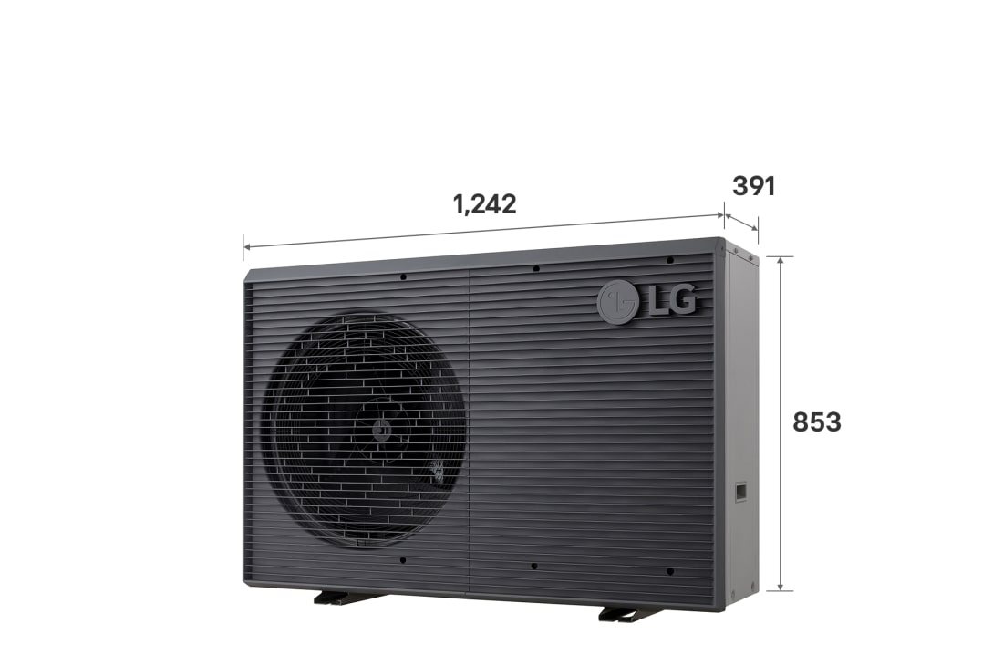 LG Pompa de căldură R32 monobloc S II, monofazată (1Ø), 5 kW, Pompe de căldură aer-apă LG, HM051MRS UA40, cu etichetă cu dimensiuni a unei unități exterioare negre, cu o grilă ondulată gri., HM051MRS UA40, thumbnail 13