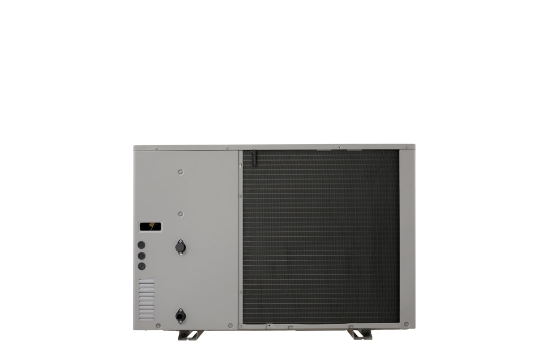 LG Pompa de căldură R32 monobloc S II, monofazată (1Ø), 9 kW, Pompe de căldură aer-apă LG, HM091MRS UA40, vizualizare din spate a unei unități exterioare negre, cu o grilă ondulată gri., HM091MRS UA40, thumbnail 9