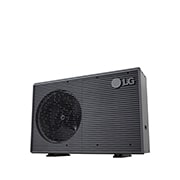 LG Pompa de căldură R32 monobloc S II, monofazată (1Ø), 9 kW, Pompe de căldură aer-apă LG, HM091MRS UA40, vizualizare din dreapta-jos a unei unități exterioare negre, cu o grilă ondulată gri., HM091MRS UA40, thumbnail 2